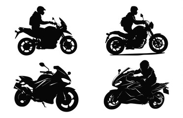 Man riding motorbike Silhouette black vector Set, Biker Silhouettes Clipart Bundle