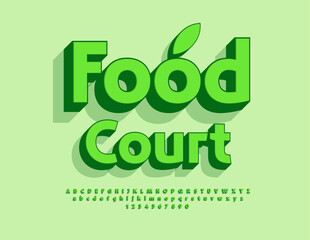 Vector Eco Concept Food Court. Bright Green 3D Font. Creative Alphabet Letters and Numbers.
