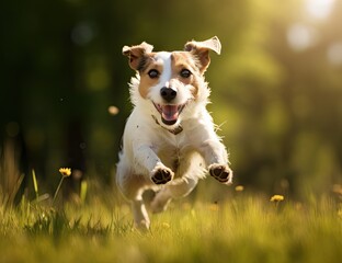 dog running in green grasses