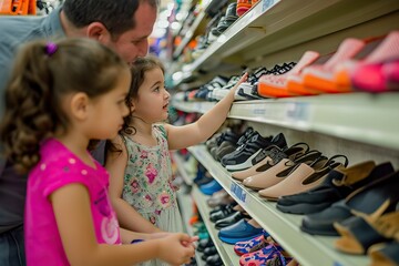 A low-income family is exploring discounted shoe options for their children, emphasizing the availability of quality shoes at a price for low-income people - obrazy, fototapety, plakaty