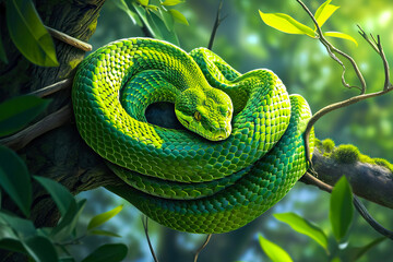 An illustration capturing the elegance of a green tree snake coiled around a vibrant tree branch, showcasing its natural habitat.