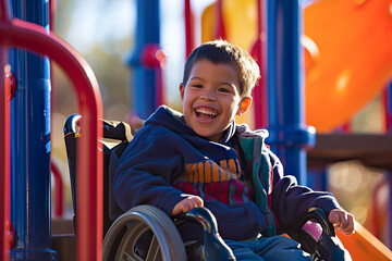 An image capturing a child with cerebral palsy enjoying adaptive play equipment, emphasizing the importance of recreational activities. - obrazy, fototapety, plakaty