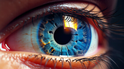 Close-up of woman blue eye. Human pupil and eyelids. Beautiful eye with eyelashes - obrazy, fototapety, plakaty