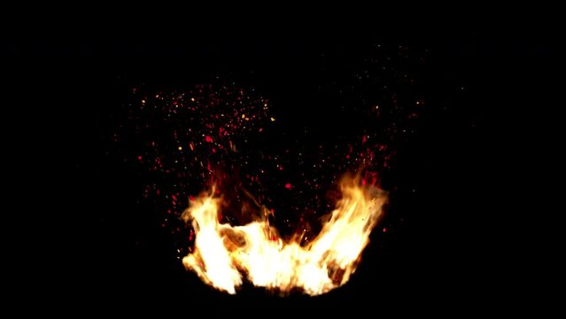 Fire With Embers flying out of it. Exagerated effect. Tall Fire, like a burning wood. yellowish tint, with embers flying out of it. These are rendered footages. High Resolution and 4K.