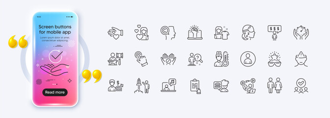 Volunteer, Cursor and Insomnia line icons for web app. Phone mockup gradient screen. Pack of Mental health, Employee benefits, Music pictogram icons. Vector