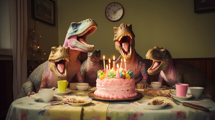 Dinosaur family at table with birthday cake. Dinosaur home party celebrating birthday. Fantastic feast with ancient predators