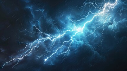 Dynamic electric storm with vibrant blue bolts - Intense scene with bright blue lightning bolts cutting across a dark stormy sky, demonstrating the raw power of nature - obrazy, fototapety, plakaty