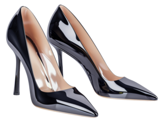 Black patent high heel shoes on transparent background - stock png.