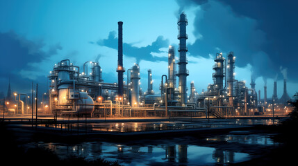 Oil refinery plant in evening. Industrial landscape with smoking chimneys. Chemical plant with puddles on territory