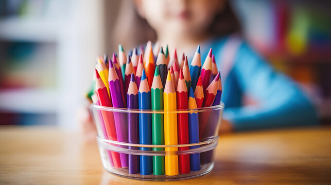 Small pencils in transparent stand. Multicolored pencils for drawing on table near child. School supplies to develop creativity