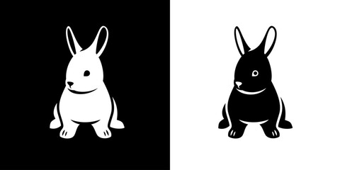 Baby rabbit icon. Cute bunny simple black and white silhouettes. Minimal monochrome element for logo design. Full body animal. Cruelty free, not tested on animals template for emblem, logotype, badge
