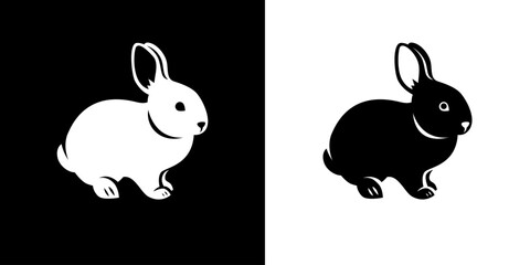 Baby rabbit icon. Cute bunny simple black and white silhouettes. Minimal monochrome element for logo design. Full body animal. Cruelty free, not tested on animals template for emblem, logotype, badge