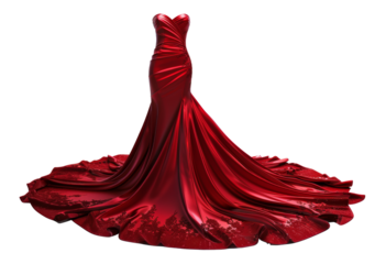 Red velvet evening gown with flowing train on transparent background - stock png.