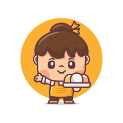 cute woman cartoon character with mochi, japanese food vector illustration