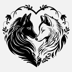 Romantic Wolves in Harmony  with Floral Heart-Shaped Art - Monochrome Vector