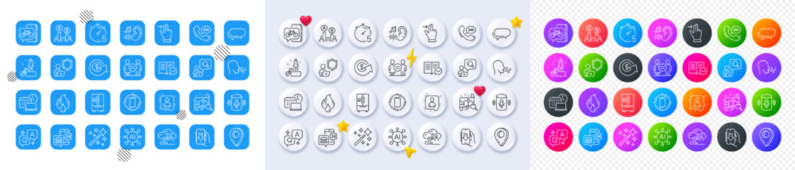 Flammable fuel, Timer and Hearing line icons. Square, Gradient, Pin 3d buttons. AI, QA and map pin icons. Pack of Breathing exercise, Developers chat, Refrigerator icon. Vector