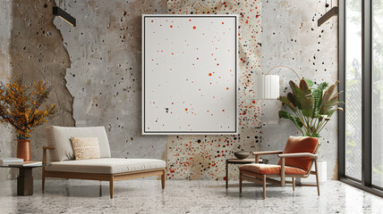 A contemporary 3D wall frame mockup in matte white against a terrazzo-inspired backdrop, providing a modern space for showcasing colorful patterns or abstract designs.