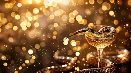 Golden snake with extended tongue lies atop reflective surface with a bokeh golden light backdrop, giving a luxurious vibe. New Year party, 2025 - obrazy, fototapety, plakaty