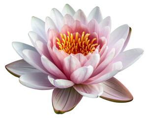 Pink water lily with dew drops floating on water on transparent background - stock png.