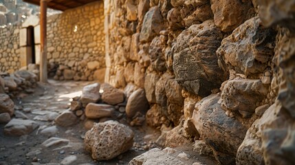 Surroundings of Jewish stone houses in the period of Jesus Christ. Close-up of the exterior of a mud-brick Jewish house in the historical period of the Messiah.