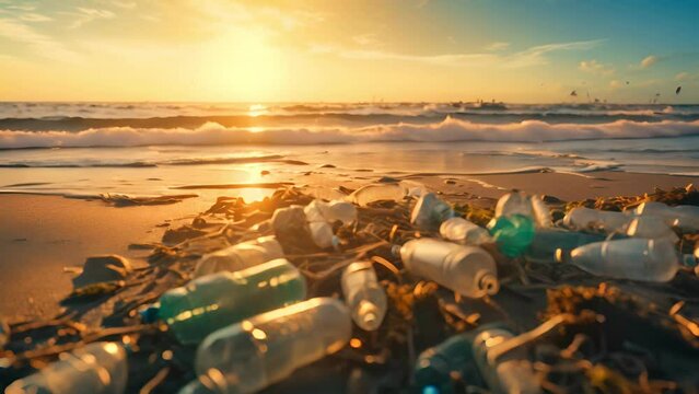 trash garbage at the beach and plastic bottles are difficult decompose prevent harm aquatic life. Earth, Environment, Greening planet, reduce global warming, Save world, Save ocean.