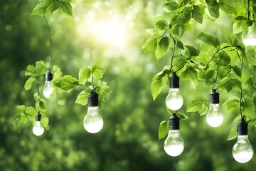 Glühbirnen mit Wassersparsymbolen im grünen Wald mit Sonnenlicht. Saubere erneuerbare Energie, Symbolik für Umweltschutzkonzepte - obrazy, fototapety, plakaty