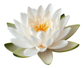 White water lily blooming on transparent background - stock png.