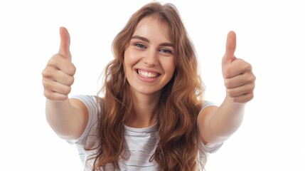 Joyful young woman with curly hair giving thumbs up, wearing an orange sweater, isolated on a white background. Ideal for positive concepts and promotions