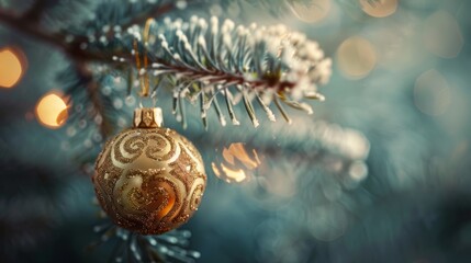 A delicate golden bauble with intricate glittery patterns adorns a frosty blue spruce, with a bokeh of warm lights gently shimmering in the background, evoking a cozy holiday ambiance.