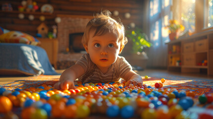 a baby crawling on a carpet with many balls