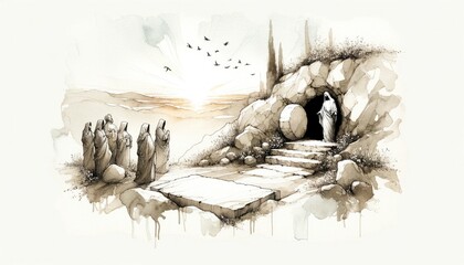 Naklejka premium Resurrection of Jesus. The tomb is discovered to be empty. Life of Jesus. Digital line-art illustration. 