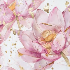 Seamless pattern of watercolor lotus flowers with delicate pink petals and gold accents, splattered ink details, artistic and serene. Perfect for wellness, spa, or yoga themed designs and decorations.