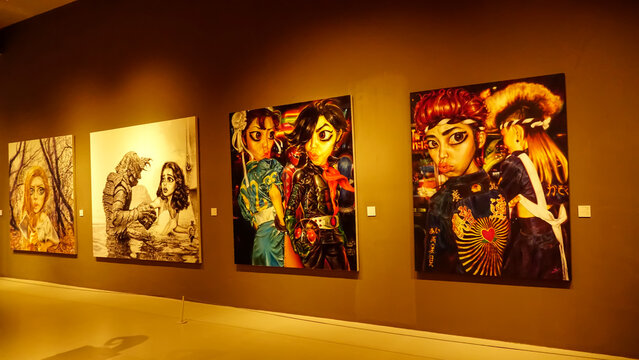 Khao yai art museum, Nakhon Ratchasima, Thailand - 28 Dec 2023 : Original masterpieces oil painting of Thai famous artists,  contemporary art gallery Inside exhibits a private showcasing collection.