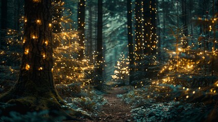 Mystical forest path lit by golden fairy lights entwined around pine trees, casting a magical glow in the twilight. Suitable for enchanting backgrounds.
