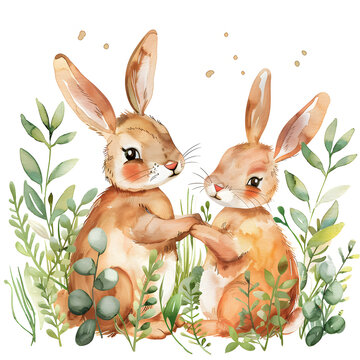 Watercolor picture Couple rabbits.