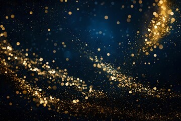 abstract christmas background, Immerse yourself in the enchanting beauty of an abstract background adorned with dark blue and gold particles, where Christmas golden light shine particles bokeh dance a