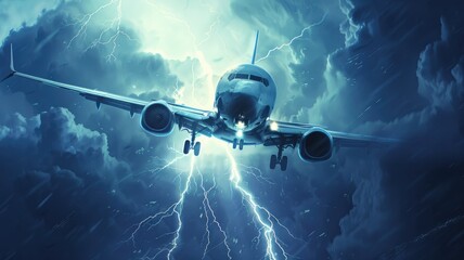 Sleek airplane advancing through lightning strike - A frontal view of a commercial airplane navigating through intense lightning showcasing the power of technology over nature - obrazy, fototapety, plakaty