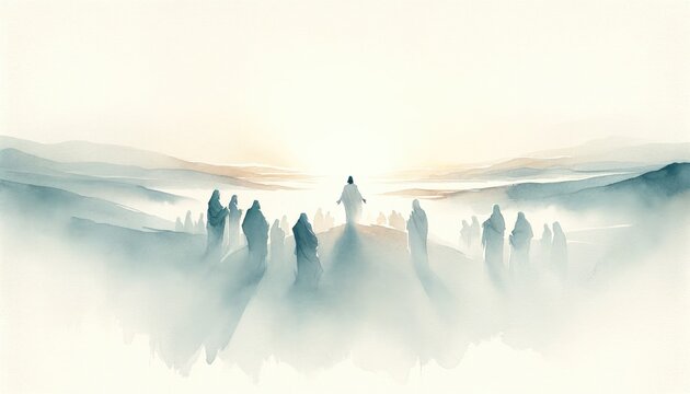 Resurrection of Jesus: Jesus appears to his followers. Life of Jesus. Digital watercolor painting.