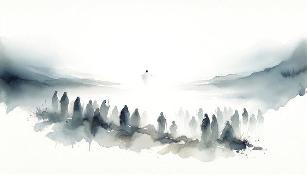 Resurrection of Jesus: Jesus appears to his followers. Life of Jesus. Digital watercolor painting.