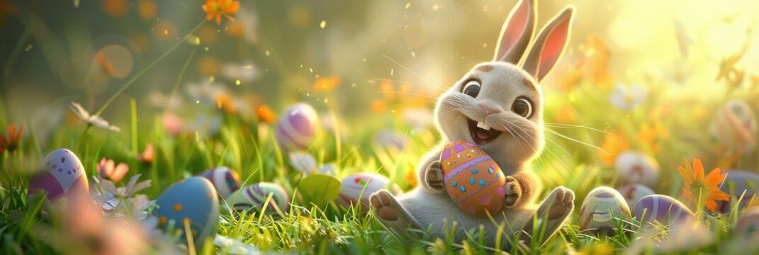 Smiling rabbit holding an Easter egg - An adorable cartoon rabbit with joyful expression holding a decorated egg in a lush green meadow under a sunny sky