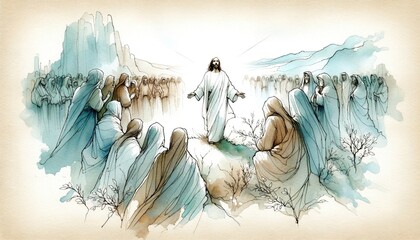 Resurrection of Jesus: Jesus appears to his followers. Life of Jesus. Digital line-art illustration. - obrazy, fototapety, plakaty