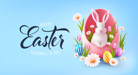 Easter poster and banner template with a white rabbit inside a pink egg ,Colorful Eggs , tulips, daisies and Spring Flowers on Blue Background for Easter Day.Promotion and shopping template for Easter