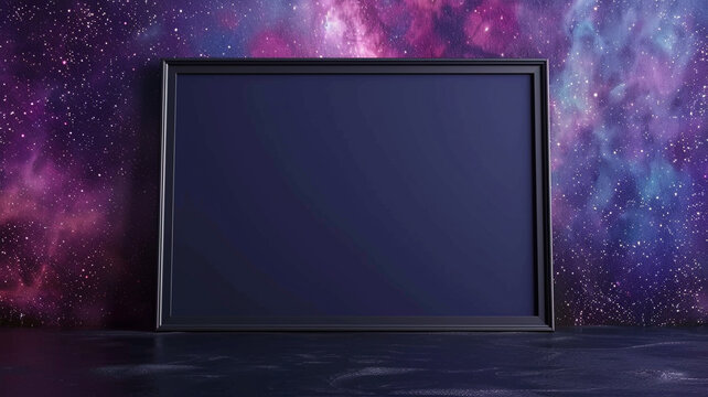 A contemporary 3D wall frame mockup in matte navy against a cosmic galaxy background, offering a celestial space for showcasing celestial artwork or space-themed prints.