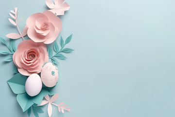 paper flowers and eggs on a blue background