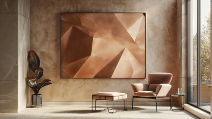 A contemporary 3D wall frame mockup in matte copper against a geometric prism background, providing a geometric space for showcasing abstract art or architectural prints.