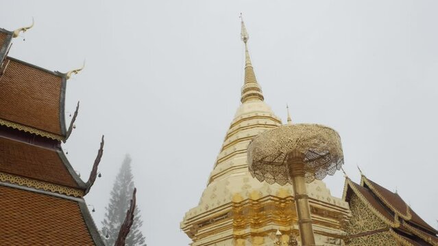 view at Suthep temple with famous giant golden pagoda among fog cloud natural landscape,Wat Phra That Doi Suthep temple