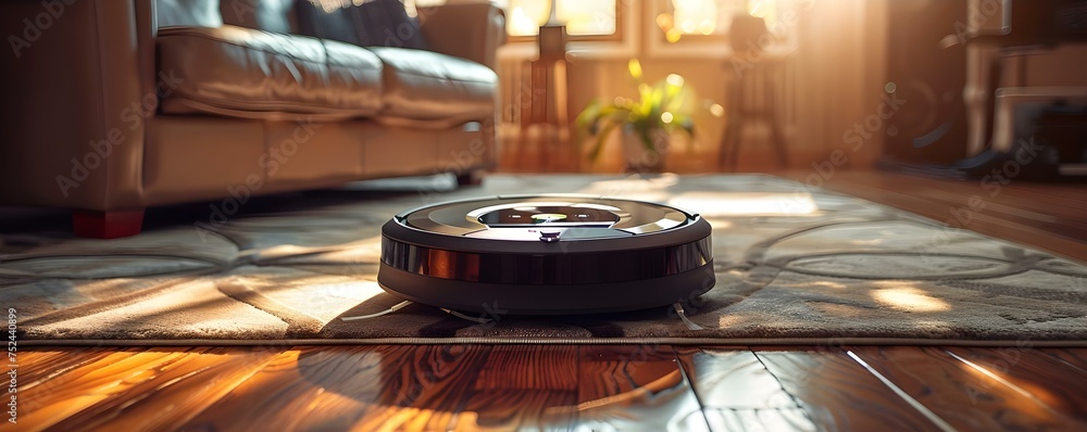 Poster efficient robot vacuum cleaner in action maintaining tidy living space effortlessly. concept robot v