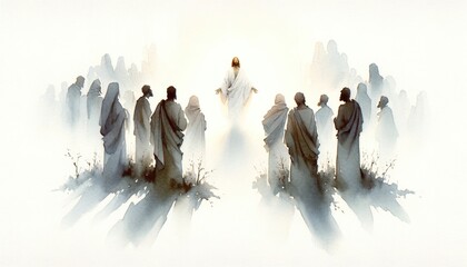 Resurrection of Jesus: Jesus appears to his followers. Life of Jesus. Digital watercolor painting. - obrazy, fototapety, plakaty