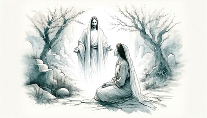 Resurrection of Jesus: Jesus appears to Mary Magdalene. Life of Jesus. Line-art digital...