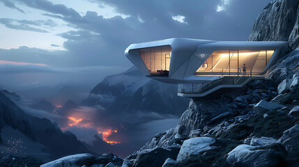 A modern house sits on the edge of a cliff. The house is made of glass and metal, and it has a sleek, futuristic design. - obrazy, fototapety, plakaty
